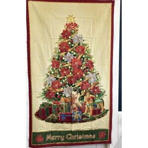 Christmas Tree Cotton Fabric Panel Quilting Rocking Horse Gifts Poinsettia